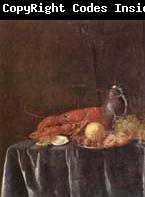 Pieter Gijsels Still life of a lemon,hazelnuts and a crab on a pewter dish,together with a lobster,oysters two wine-glasses,green grapes and a stoneware flagon,all u